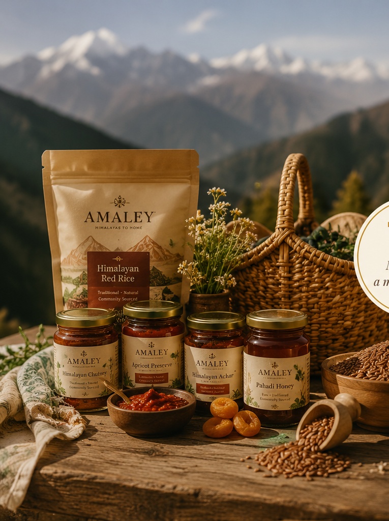 Amaley Himalayan food products with mountain background